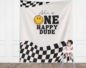 One Happy Dude Custom Birthday Banner, Retro Smiley Face Boy Birthday Party Theme, Checkered Flag Banner, Lightning Bolt Smiley, Two Cool