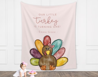A Little Turkey Customizable Girl&#39;s Birthday Backdrop | Thanksgiving Birthday Party Banner | November Party Décor | 1st, 2nd, 3rd Birthday