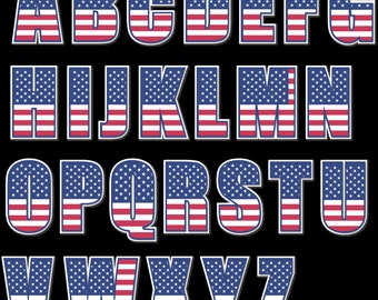 USA Flag Patriotic Letters and Numbers America Vector Lettering 4th of July Stars and Stripes Font