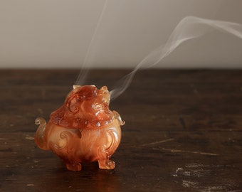 Suanni Lion Liuli Incense Burner | Chinese Crystal Glass | Powder Incense, Incense Trail | Meditation Zen Mindfulness | Home Decor Gift