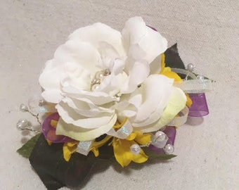 White Bling Rose and Yellow Silk Flower Wristlet Corsage