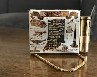 Novelty "Indiana" Vintage Compact from the 1940's/1950's with Gold Chain