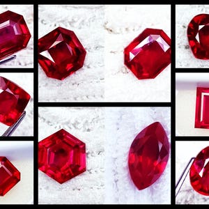 May include: A collection of vibrant red rubies in various faceted cuts, including oval, pear, heart, marquise, rectangular, and hexagonal shapes. Each gemstone displays deep crimson hues and intricate geometric facets, captured in a multi-panel grid.