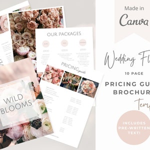 May include: A collection of brochures with floral arrangements and text. The brochures include the text "Wedding Florist", "Pricing Guide Brochure Template", and "Wild Blooms". The design is in soft pink and white tones.