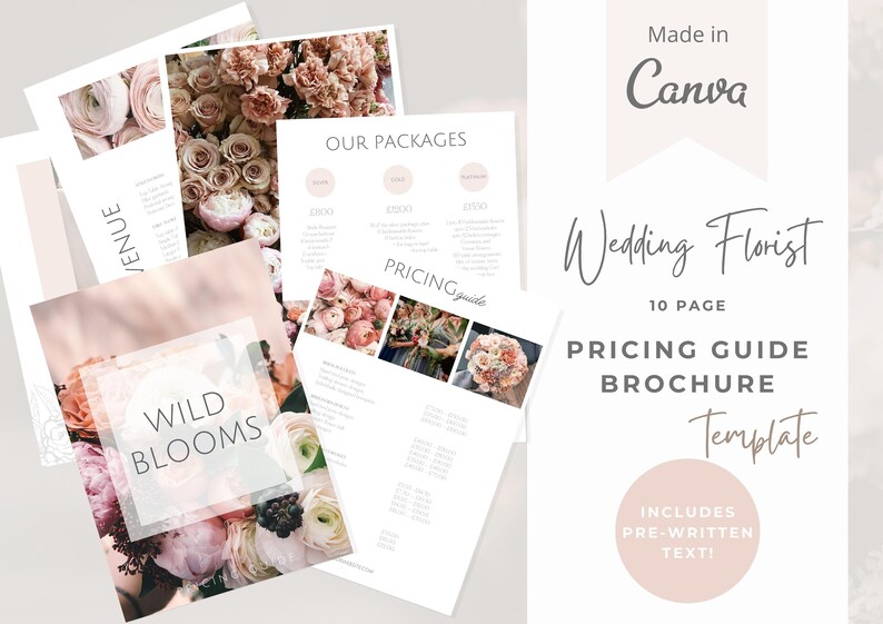 May include: A collection of brochures with floral arrangements and text. The brochures include the text "Wedding Florist", "Pricing Guide Brochure Template", and "Wild Blooms". The design is in soft pink and white tones.