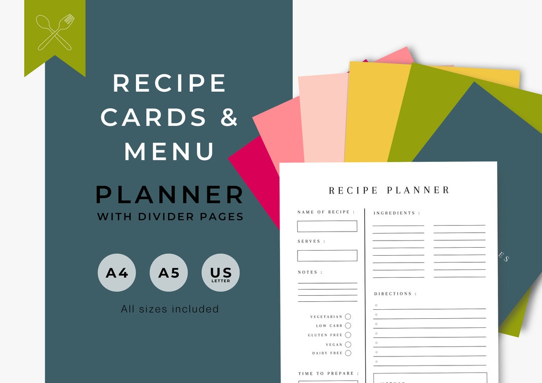Printable Recipe Menu Digital and Printable Recipe Cards and Menu Planner, Family Recipe ...