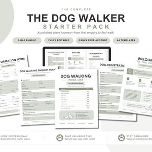 Könnte beinhalten: Ein digitales Starterpaket für Hundebetreuer mit A4-Vorlagen, darunter ein Hundeinformationsformular, ein Anfrageformular, eine Preisliste, ein Anmeldeformular und ein Willkommenspaket in den Farben Weiß und Salbeigrün.