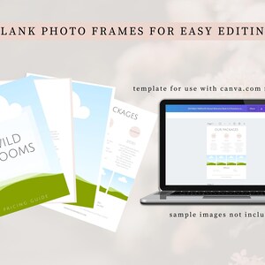 May include: A laptop displays a Canva template with a pricing guide and the text "OUR PACKAGES." Several printed pages with "WILD BLOOMS" and "PRICING GUIDE" are in front. The image includes the text "BLANK PHOTO FRAMES FOR EASY EDITING."