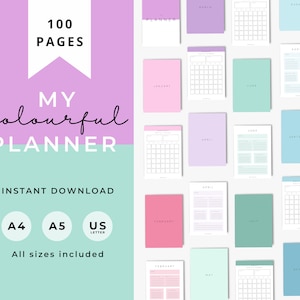 Colourful Planner, Daily, weekly, yearly, Goal setting, budget planning, Undated Planner, Three sizes included A5 A4 and US Letter, Pastel