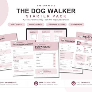 Puede incluir: Un paquete de inicio digital para paseadores de perros con plantillas A4 en tonos rosa suave y blanco. El conjunto incluye un formulario de registro, lista de precios, hoja de información y guía de bienvenida con un dibujo de un perro salchicha.