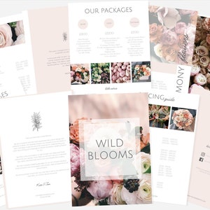 May include: A collection of blush pink and white floral-themed brochures and flyers. The central flyer features the text "Wild Blooms" over a floral arrangement. Other flyers display floral arrangements and pricing information.