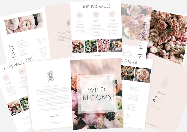 May include: A collection of blush pink and white floral-themed brochures and flyers. The central flyer features the text "Wild Blooms" over a floral arrangement. Other flyers display floral arrangements and pricing information.