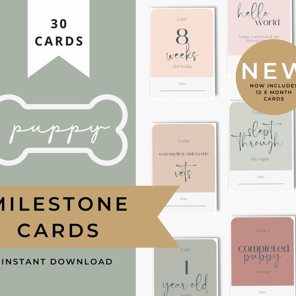 NEW Puppy Milestone Cards Printable, Print at Home, Mark your precious puppy Moments Muted Colours