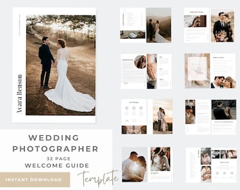 May include: A wedding photographer's welcome guide template featuring a couple in a romantic outdoor setting. The guide includes sample photos and text, with the words "Wedding Photographer" and "Instant Download".