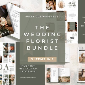 May include: A green and white graphic design with the text "The Wedding Florist Bundle" and "3 Items in 1". The bundle includes 50 customizable Instagram posts, Instagram stories, and a wedding florist guide. The image shows examples of the templates with floral arrangements and wedding details.