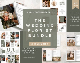 Op de afbeelding: Een groen en wit grafisch ontwerp met de tekst "The Wedding Florist Bundle" en "3 Items in 1". Het pakket bevat 50 aanpasbare Instagram-berichten, Instagram-verhalen en een gids voor bruiloftsbloemisten. De afbeelding toont voorbeelden van de sjablonen met bloemstukken en bruiloftsdetails.