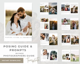 Puede incluir: Una guía de 28 páginas para fotógrafos con sugerencias de poses y consejos para parejas. La portada presenta una pareja en un campo, con el texto "Posing Guide & Prompts" y "Photographers Guide" en blanco.