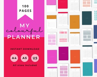 Colourful Planner, Daily, weekly, yearly, Goal setting, budget planning, Undated, Three sizes included A5 A4 and US Letter Bright and Bold
