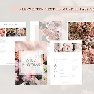 May include: A collection of floral-themed marketing materials. The image includes a pricing guide, a page with the text "Wild Blooms", and a page titled "The Venue". The color palette is soft, with pink and peach tones.