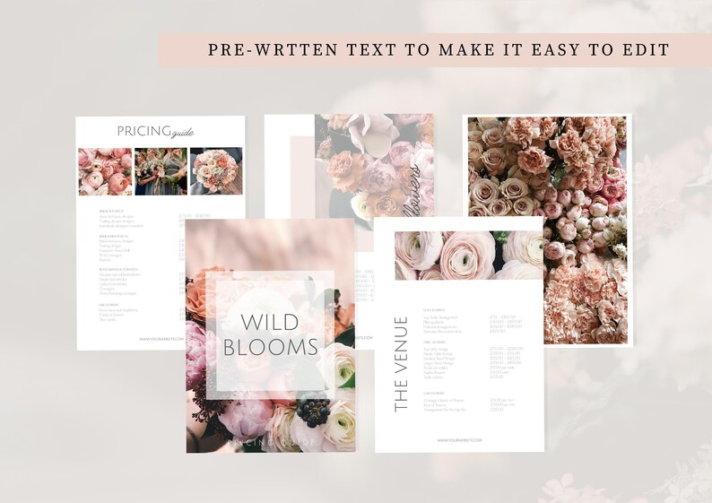 May include: A collection of floral-themed marketing materials. The image includes a pricing guide, a page with the text "Wild Blooms", and a page titled "The Venue". The color palette is soft, with pink and peach tones.