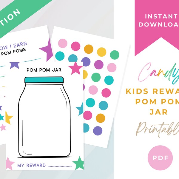 Kids Reward Pom Pom Jar printable , Cute Reward printable , Kids Reward Chart Printable INSTANT DOWNLOAD, Toddlers, A4, Reward Chart, Candy
