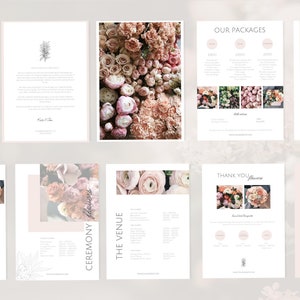 May include: A collection of floral design marketing materials. The image includes brochures and flyers with text such as "Wild Blooms", "Pricing Guide", and "Ceremony Flowers". The color palette is soft, featuring pinks, whites, and greens.