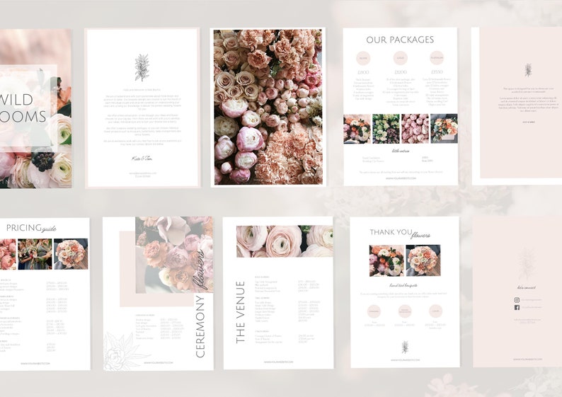 May include: A collection of floral design marketing materials. The image includes brochures and flyers with text such as "Wild Blooms", "Pricing Guide", and "Ceremony Flowers". The color palette is soft, featuring pinks, whites, and greens.