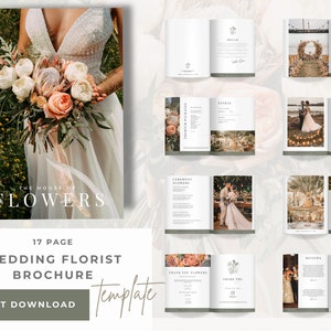 May include: A 17-page wedding florist brochure template with a floral design. The cover features a bride holding a bouquet of flowers. The brochure includes sections for pricing, ceremony flowers, and thank you notes.