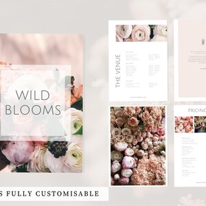 May include: A floral-themed pricing guide with the text "Wild Blooms" and "Pricing Guide". The guide features images of flowers and text on a light background. The text "10 Pages Fully Customisable" is also visible.