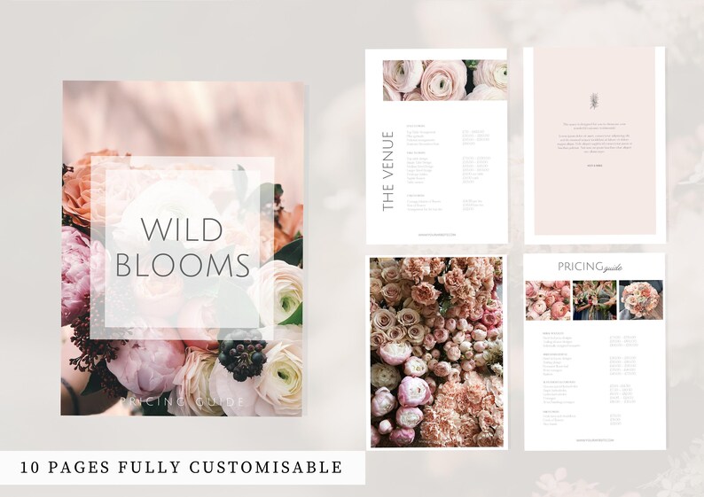 May include: A floral-themed pricing guide with the text "Wild Blooms" and "Pricing Guide". The guide features images of flowers and text on a light background. The text "10 Pages Fully Customisable" is also visible.