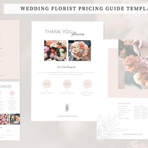 May include: A wedding florist pricing guide template with a soft, neutral color palette. The design includes the text "Thank You Flowers" and "Our Packages", along with images of bouquets and floral arrangements. The template also includes the website address.
