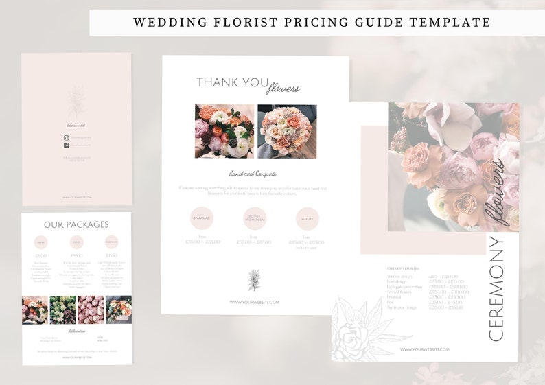 May include: A wedding florist pricing guide template with a soft, neutral color palette. The design includes the text "Thank You Flowers" and "Our Packages", along with images of bouquets and floral arrangements. The template also includes the website address.