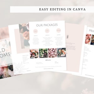 May include: A collection of floral design templates with a soft, pastel color palette. The designs include the text "WILD BLOOMS", "OUR PACKAGES", and "PRICING guide". The templates feature images of flowers and are designed for easy editing in Canva.