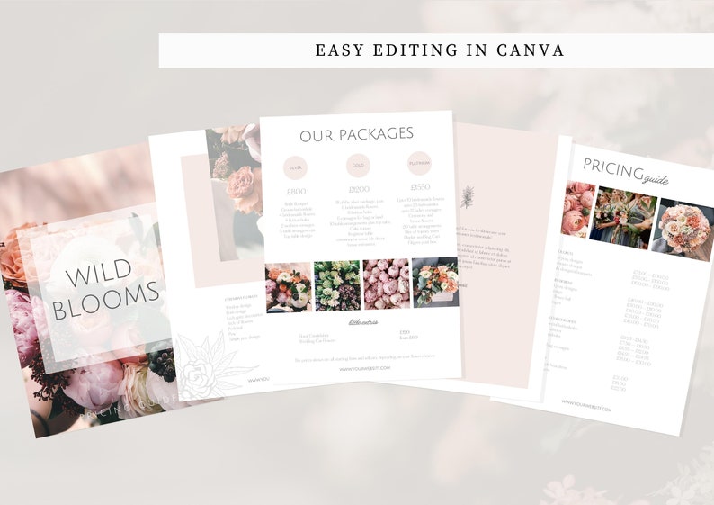 May include: A collection of floral design templates with a soft, pastel color palette. The designs include the text "WILD BLOOMS", "OUR PACKAGES", and "PRICING guide". The templates feature images of flowers and are designed for easy editing in Canva.