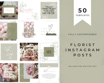 50 Florist Instagram Post Templates | Canva Flower Shop Posts | 1080x1080 Editable | Instant Download