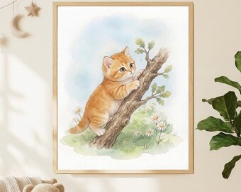 Orange Kitten Wall Art, Climbing Cat Watercolor Print, Playful Kitten Nursery Decor, Kids Cat Room Art, Pet Animal Prints