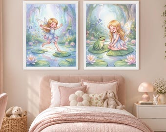 Fairy Pond Watercolor Prints: Set of 2 Art, Fairy Nursery Wall Art Set of 2, Fairy and Frog Prints, Enchanted Pond Decor, Magical Girls Room