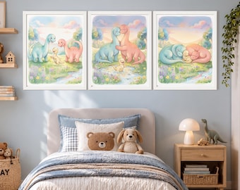 Baby Dinosaur Nursery Wall Art Set of 3, Dinosaur Family Prints, Watercolor Dino Kids Room Decor