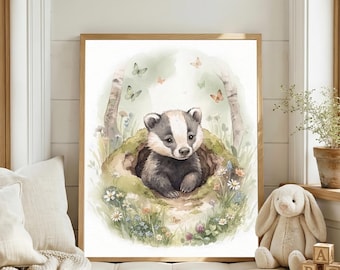 Badger Nursery Wall Art, Woodland Animal Print, Forest Nursery Decor, Watercolor Baby Badger Art