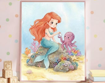 Mermaid and Octopus Wall Art, Mermaid Nursery Print, Ocean Friends Decor, Under the Sea Girls Room Art, Coastal Art