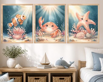 Ocean Nursery Wall Art Set of 3, Clownfish Crab Starfish Prints, Coral Reef Nursery Decor, Sea Animal Art