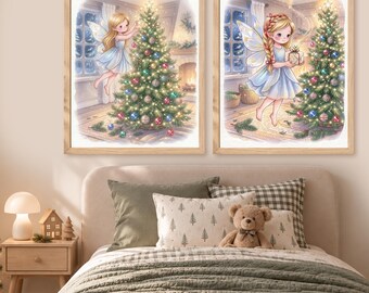 Fairy Christmas Tree Watercolor Prints, Christmas Fairy Wall Art Set of 2, Watercolor Christmas Magical Girls Room Holiday Decor