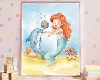 Mermaid and Dolphin Nursery Wall Art, Watercolor Mermaid Print, Playful Ocean Decor, Girls Under the Sea Art
