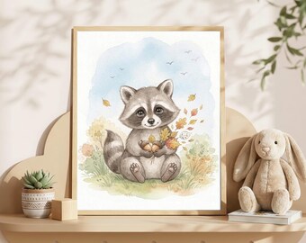 Raccoon Nursery Wall Art, Woodland Animal Print, Autumn Forest Nursery Decor, Watercolor Raccoon Art