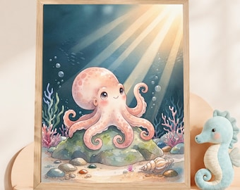 Octopus Nursery Wall Art, Pink Octopus Watercolor Print, Playful Sea Animal Decor, Coral Reef Kids Room Art