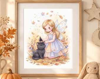 Halloween Fairy and Black Cat Wall Art, Witch Cat Nursery Print, Magical Girls Room Decor, Watercolor Halloween Art