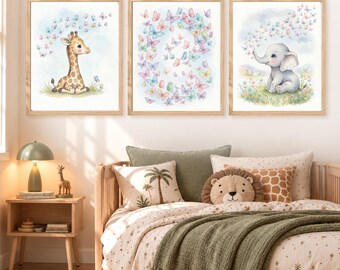 Whimsical Giraffe and Butterflies Illustration, Baby Safari Nursery Wall Art Set of 3, Giraffe Elephant Prints, Butterfly Nursery Decor