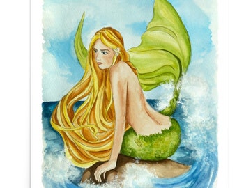mermaid art print, mermaid painting, fantasy art, mermaid theme, watercolor print, printable poster, girls room art, mermaid home decor wall