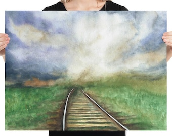 Railroad Tracks, train track decor, Nature Wall Art, landscape painting large, Railroad Poster, Road To Infinity Painting, Room Design