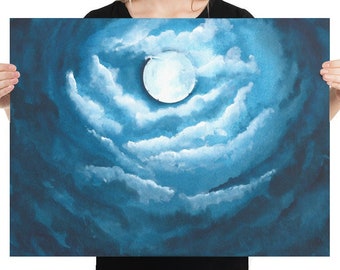 full moon wall art, cloud painting art print, night sky print, blue watercolor printable, Navy Blue Watercolour Printable Indigo Artwork